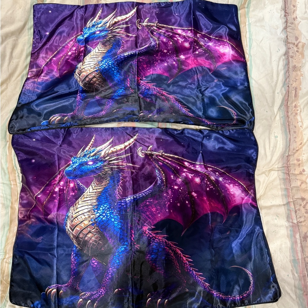 NWOT Mystical Dragon satin Pillowcase Set - Blue and Purple